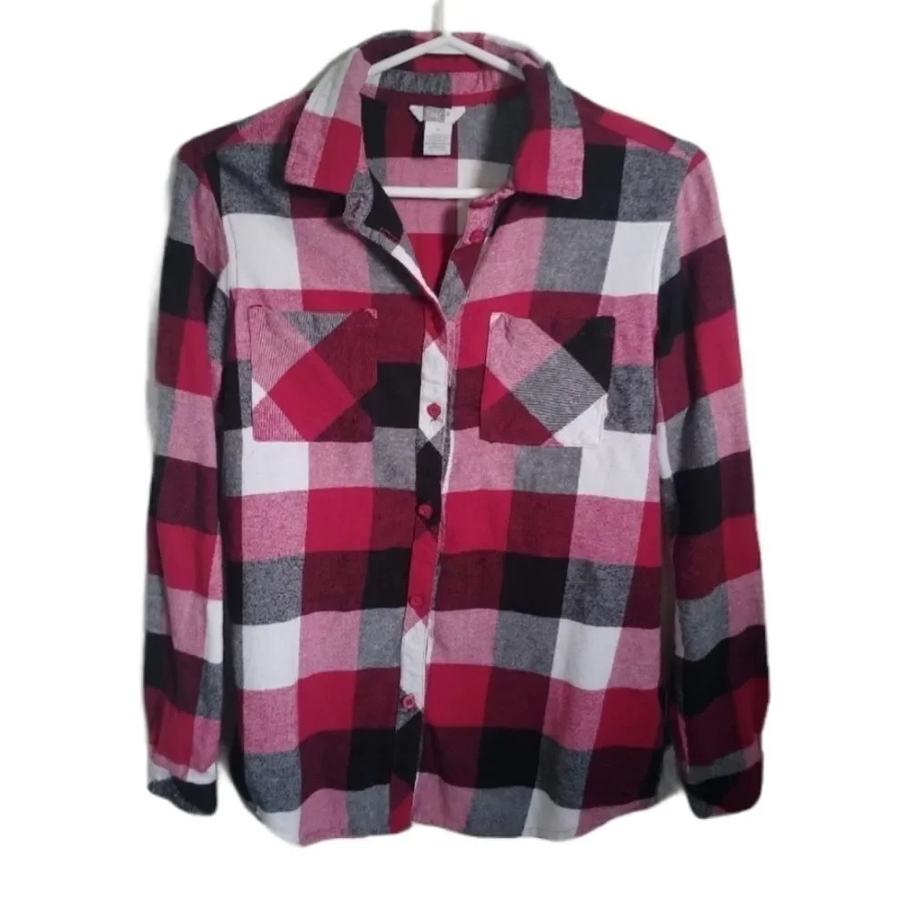 Tag Flannel Plaid Blouse Shirt, Checkered,  M